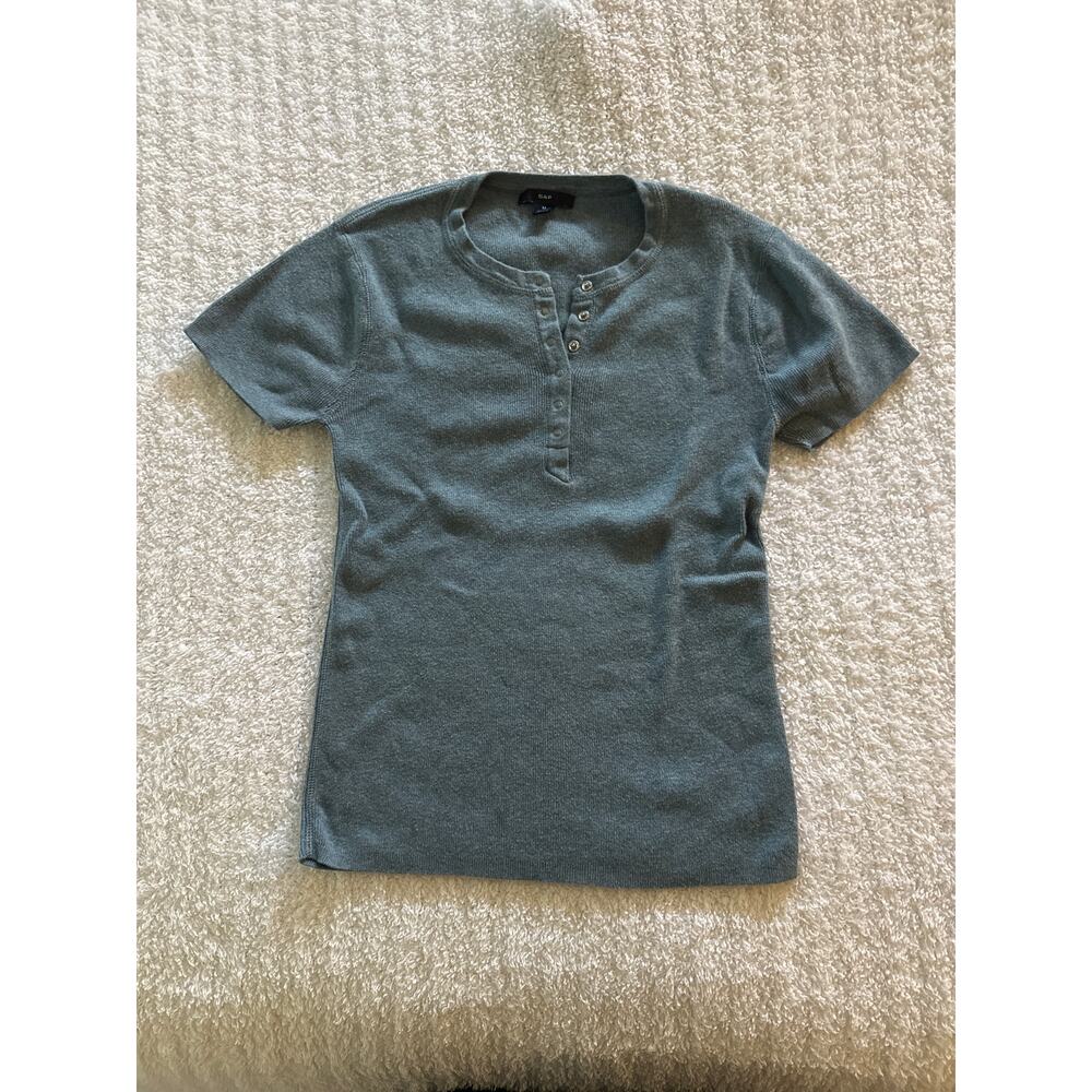 Gap Women Blue Knit Henley Minimalist Capsule Wardrobe Essential Clean Girl M